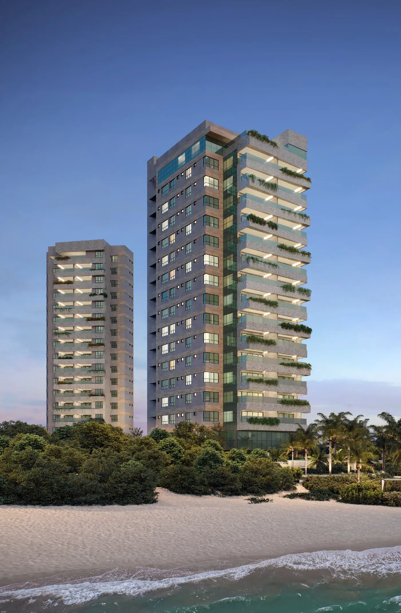 Torre do Kaá Residencial à beira da praia de Jacarecica ao entardecer